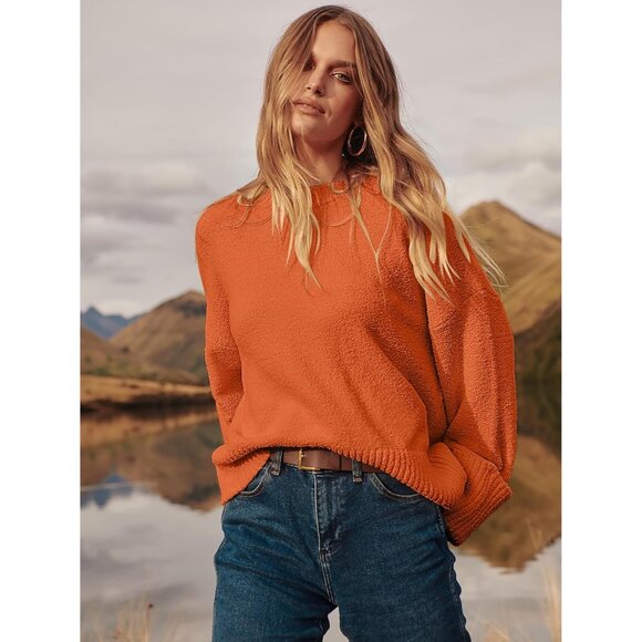 Women's Oversized Sweater Fuzzy Orange Long Sleeve Casual Chunky Pullover - Picture 5 of 8